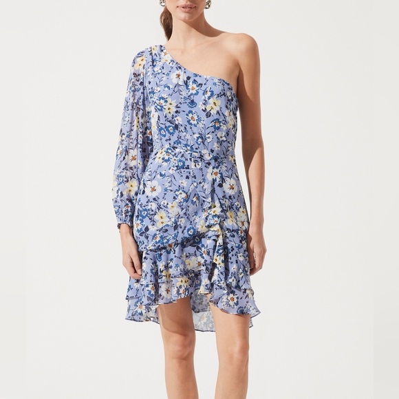 Astr Floral One Shoulder Long Sleeve Ruffled Dress - Picture 1 of 7